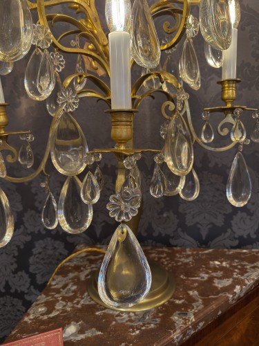 Antiquités - Paire d’importantes girandoles en bronze doré et décor de cristal taillé vers 1890