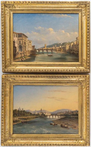 Charles-Édouard Hugot (1815–1886) Views of the Arno Riverbanks Florence - Paintings & Drawings Style Restauration - Charles X