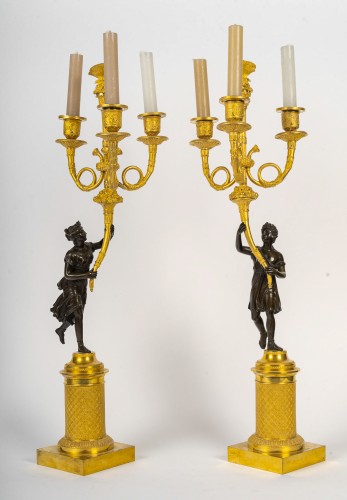 A Fine Pair of Empire Period Bronze Candelabra with Classical Figures 1805 - Lighting Style Empire