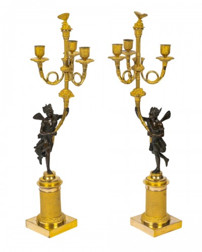 Pair of Empire Period Bronze Candelabra Antique Figures of Psyche &amp; Anteros