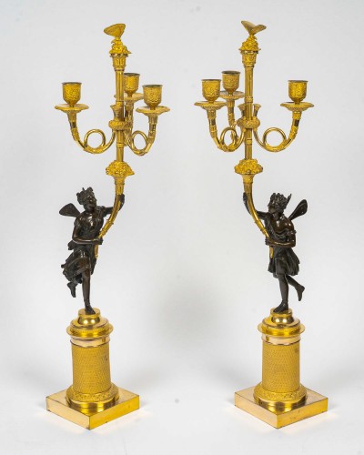 Pair of Empire Period Bronze Candelabra Antique Figures of Psyche &amp; Anteros - Lighting Style Empire