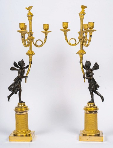 Lighting  - Pair of Empire Period Bronze Candelabra Antique Figures of Psyche &amp; Anteros