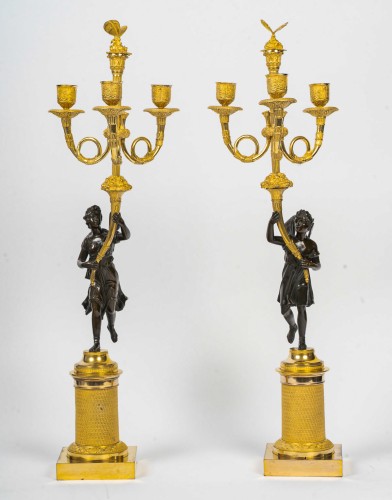 Empire - Pair of Empire Period Bronze Candelabra Antique Figures of Psyche &amp; Anteros