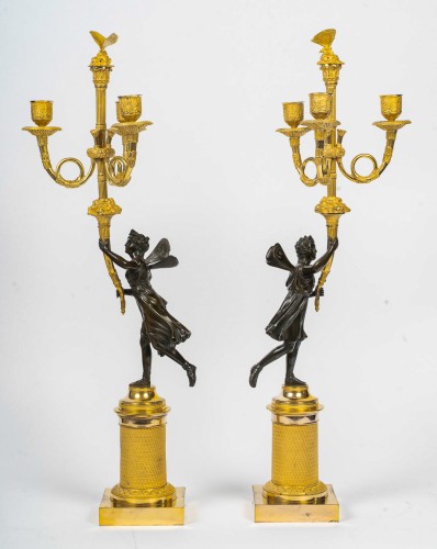 Antiquités - Pair of Empire Period Bronze Candelabra Antique Figures of Psyche &amp; Anteros