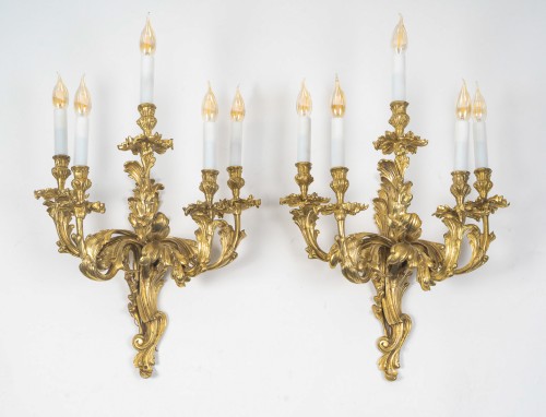 Pair of Gilt Bronze Five-Light Wall Sconces, c. 1890 - Lighting Style Art nouveau