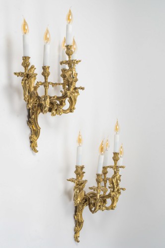 Antiquités - Pair of Gilt Bronze Five-Light Wall Sconces, c. 1890