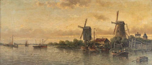 Tableaux et dessins Tableaux XIXe siècle - Auguste Henri Musin (1852–1923) Fin d’un jour d’été sur la Meuse vers 1880