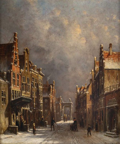 Tableaux et dessins Tableaux XIXe siècle - Petrus Gerardus Vertin (1819-1893) Rue d’Amsterdam Enneigée vers 1860