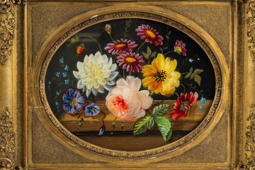 Paire de fixés sous verre ovales à bouquets fleuris, cadres dorés, XIXe siècle - MLD Antiquités