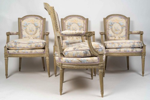 Antiquités - Suite de quatre fauteuils cabriolet, époque Louis XVI, estampillés Sulpice Brizard