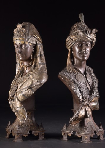 Pair of Orientalist spelter busts, French 19th C - Sculpture Style 