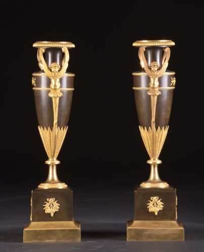Luminaires Bougeoirs et Chandeliers - Paire de grands candélabres Empire à fonction de vases ou bougeoirs