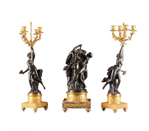 Large dark bronze three pieces clodion set with bacchantes