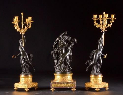  - Large dark bronze three pieces clodion set with bacchantes