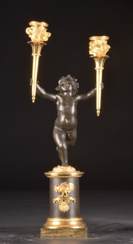 19th century - A pair of Empire gilt and patinated bronze candelabra