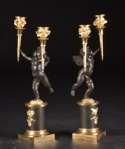 Antiquités - A pair of Empire gilt and patinated bronze candelabra