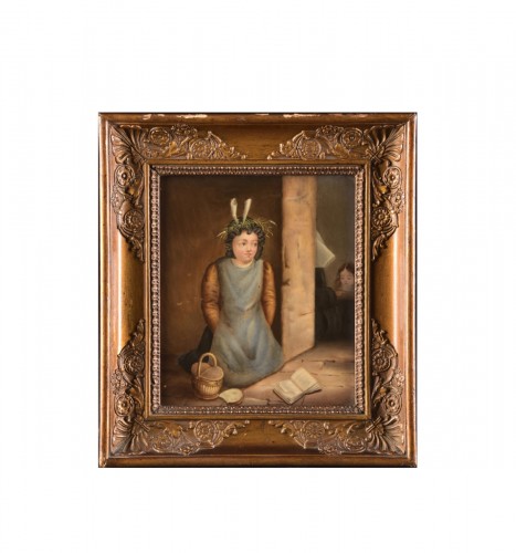 Hand-painted porcelain plaque in wooden original frame