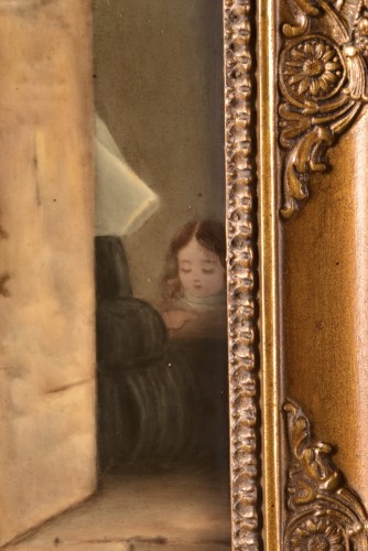 Porcelain & Faience  - Hand-painted porcelain plaque in wooden original frame