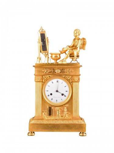 French Empire mercury bronze clock with Cupid, signed Chrétien à Paris