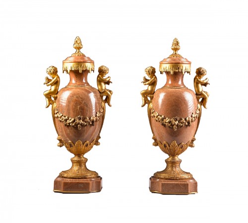 Large Pair Of Onyx Cassolettes, With Gilt Bronze Ornaments. Height: 59 Cm