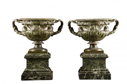 Pair of Warwick Vases in Patinated Bronze on Green Marble Bases 