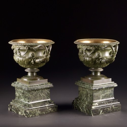 Decorative Objects  - Pair of Warwick Vases in Patinated Bronze on Green Marble Bases 