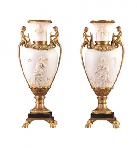 Pair Of Napoleon III Vases In Biscuit And Gilt Bronze