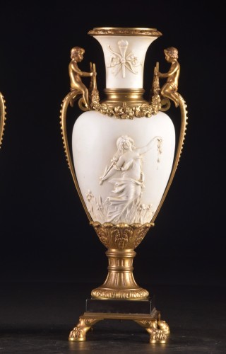 Decorative Objects  - Pair Of Napoleon III Vases In Biscuit And Gilt Bronze
