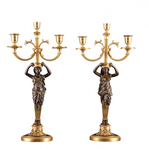 Paire de candélabres Empire en bronze doré et bronze patiné, vers 1810