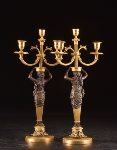 Paire de candélabres Empire en bronze doré et bronze patiné, vers 1810 - Empire