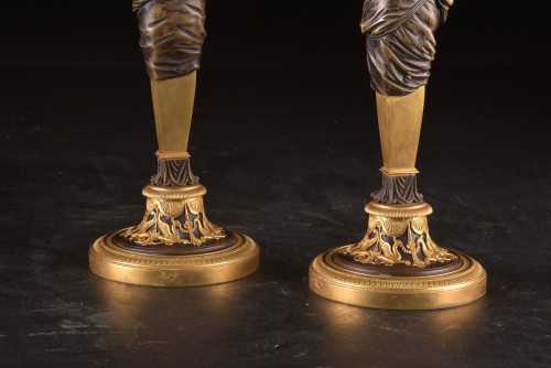 Antiquités - Paire de candélabres Empire en bronze doré et bronze patiné, vers 1810