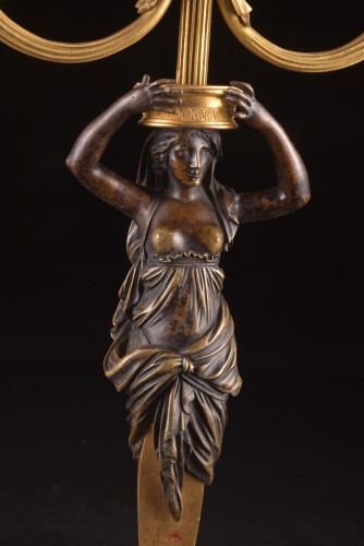 Antiquités - Paire de candélabres Empire en bronze doré et bronze patiné, vers 1810