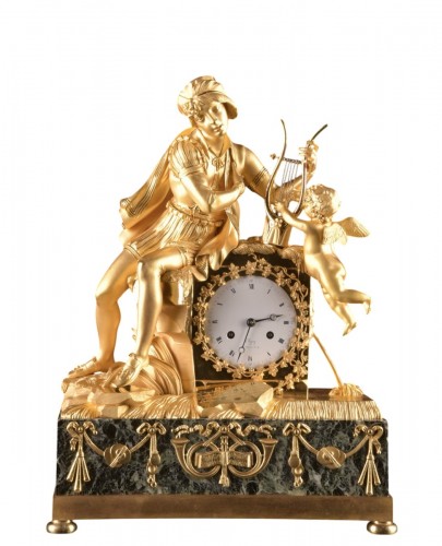 Troubadour et Amour, Chapuy - Pendule Empire en bronze doré