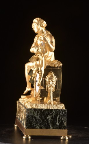 XIXe siècle - Troubadour et Amour, Chapuy - Pendule Empire en bronze doré