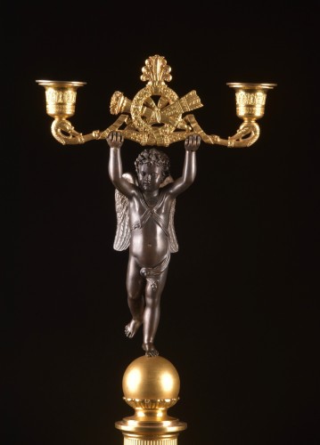 Pair of patinated and gilt bronze two-light candelabra  - Lighting Style Restauration - Charles X