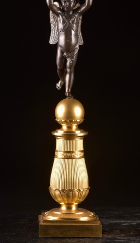 Lighting  - Pair of patinated and gilt bronze two-light candelabra 