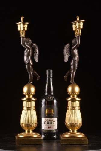 Pair of patinated and gilt bronze two-light candelabra  - 