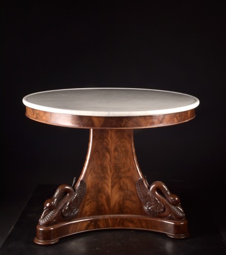 Furniture  - Empire Style Pedestal Table In Mahogany And Marble, Early 19th Century