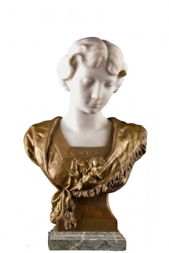 Bust Of A Young Woman In Carrara Marble And Bronze, Signed Nasi