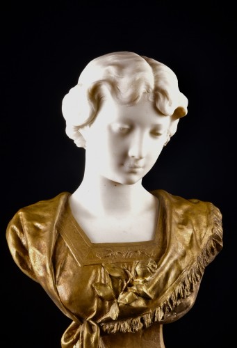 Antiquités - Bust Of A Young Woman In Carrara Marble And Bronze, Signed Nasi