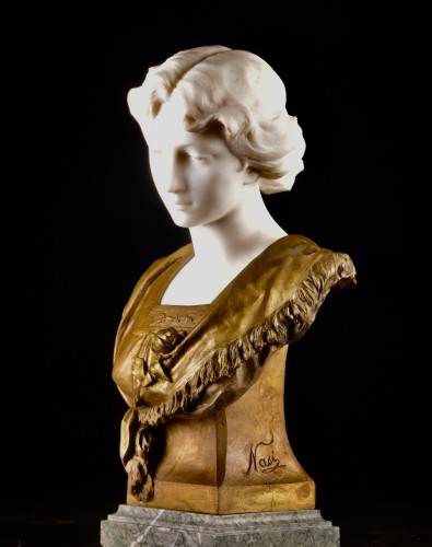 Antiquités - Bust Of A Young Woman In Carrara Marble And Bronze, Signed Nasi