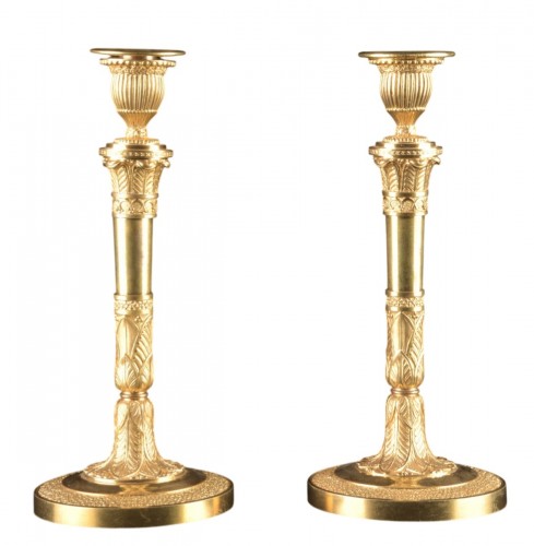 Pair of large Empire period gilt bronze table candlesticks