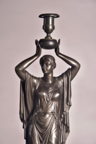 Pair Of Figurative Candlesticks In Patinated Bronze - 