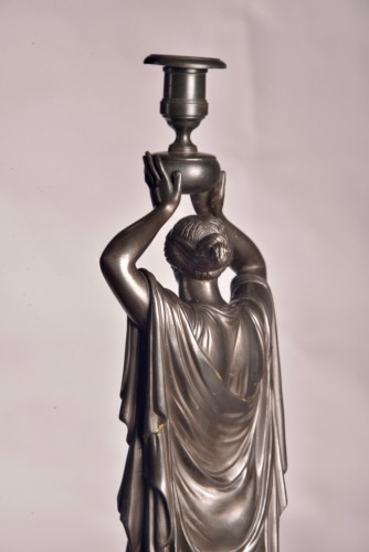 Napoléon III - Pair Of Figurative Candlesticks In Patinated Bronze