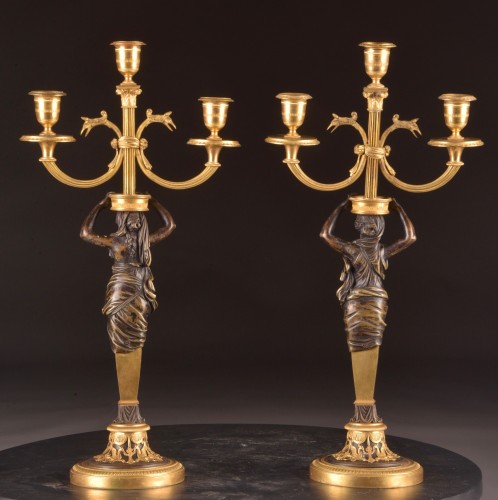 Pair Of Empire Candelabras In Gilt Bronze And Patinated Bronze, Circa 1810 - Lighting Style Empire
