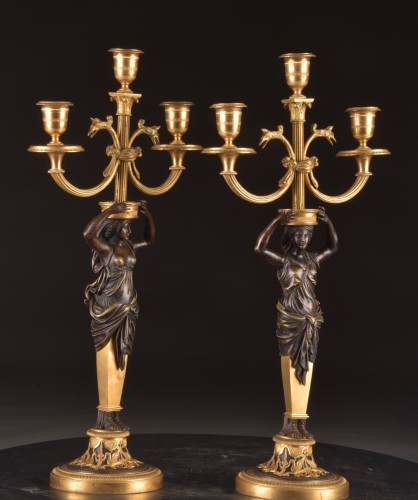Antiquités - Pair Of Empire Candelabras In Gilt Bronze And Patinated Bronze, Circa 1810