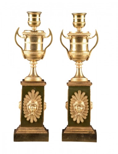 Empire Pair of Gilded Bronze Candlesticks With Interchangeable Flames