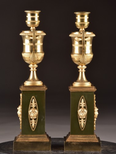 Lighting  - Empire Pair of Gilded Bronze Candlesticks With Interchangeable Flames