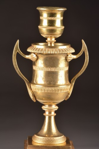 Empire Pair of Gilded Bronze Candlesticks With Interchangeable Flames - 