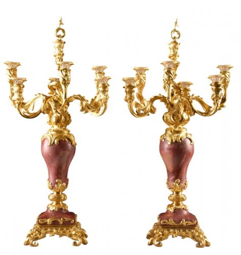 Pair Of Six-light Napoleon III Candelabras In Gilded Bronze And Marble